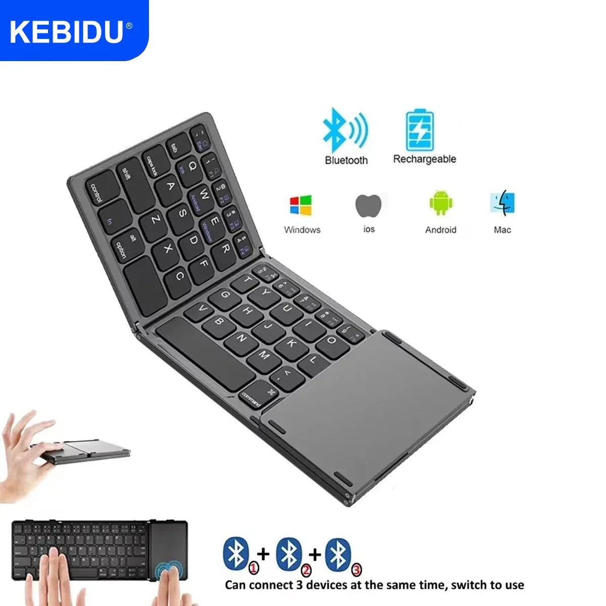 Мини-клавиатура, беспроводная складная клавиатура, Bluetooth-клавиатура, складная клавиатура с сенсорной панелью для Windows, Android, iPad, телефонов, перезаряжаемая