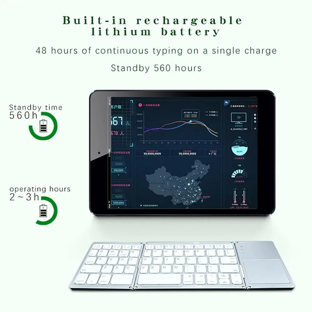 Мини-клавиатура, беспроводная складная клавиатура, Bluetooth-клавиатура, складная клавиатура с сенсорной панелью для Windows, Android, iPad, телефонов, перезаряжаемая