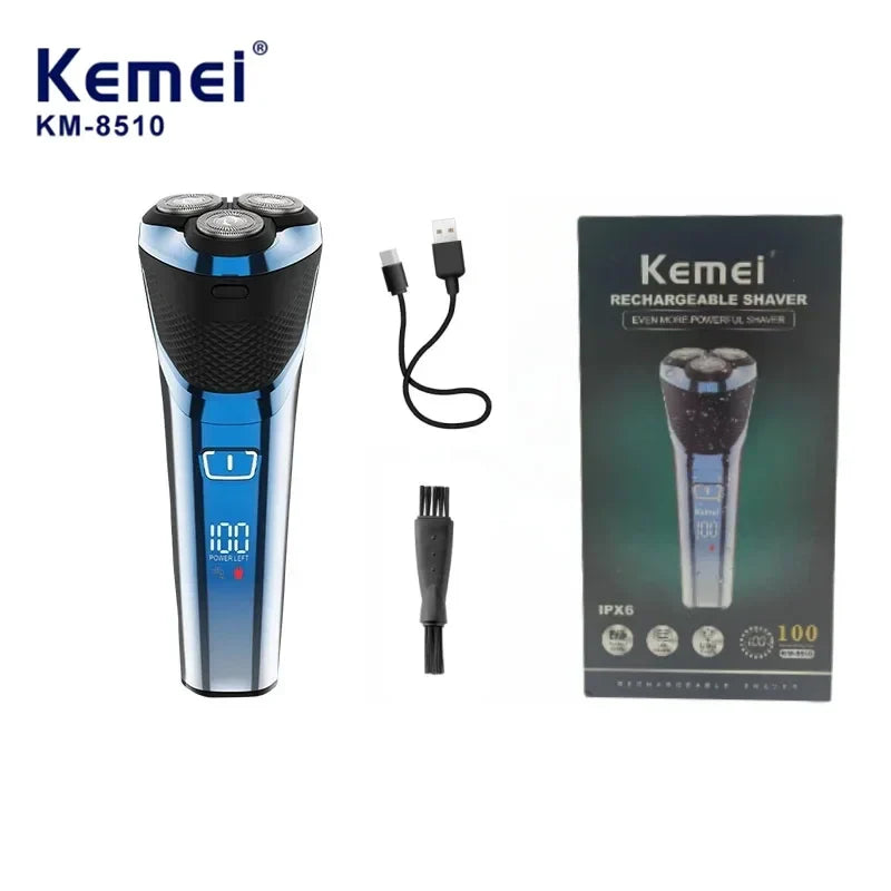 Kemei KM-8510 водонепроницаемая вращающаяся беспроводная аккумуляторная бритва с плавающей головкой и сменными лезвиями для мужчин