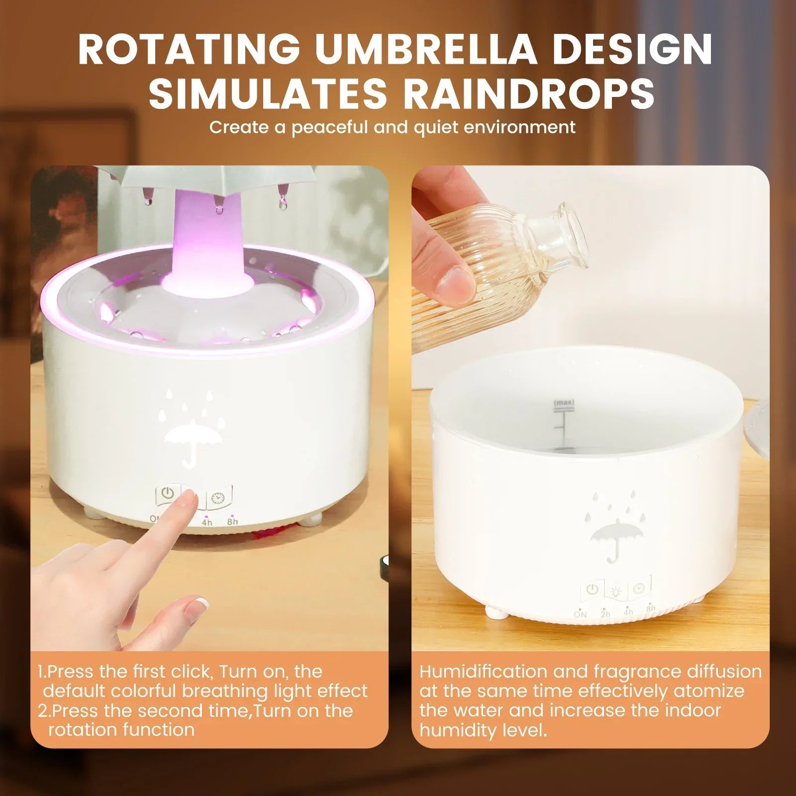 Увлажнитель воздуха Rain Umbrella с 7-цветной светодиодной подсветкой, 300 мл, с таймером, успокаивающий ароматический диффузор, капельный увлажнитель воздуха