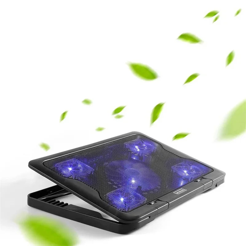 Тихая охлаждающая подставка для ноутбука со светодиодной подсветкой, периферийными устройствами для ноутбука Macbook, 2 USB-портами и пятью большими вентиляторами.
