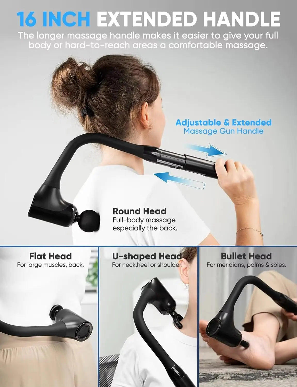 Rechargeable Fascia Gun with Bent Long Handle High-frequency Vibration Massage Gun Muscle Relaxation Back Neck Massager Tool