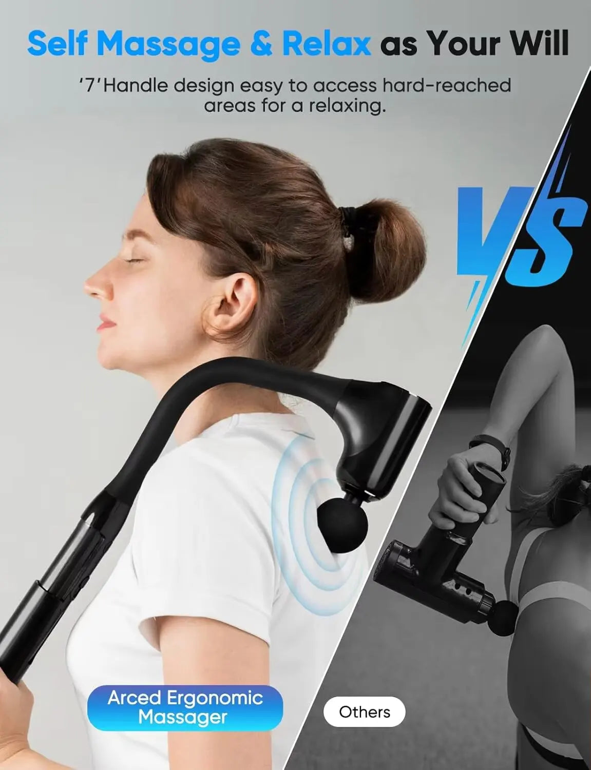 Rechargeable Fascia Gun with Bent Long Handle High-frequency Vibration Massage Gun Muscle Relaxation Back Neck Massager Tool