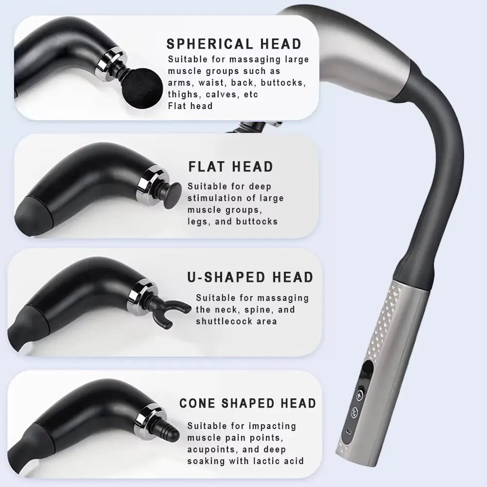Rechargeable Fascia Gun with Bent Long Handle High-frequency Vibration Massage Gun Muscle Relaxation Back Neck Massager Tool