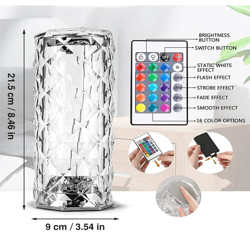 LED Rose Lamp Crystal Table Lamp 3/16 Colors Touch/Remote Diamond  Romantic Christmas USB Party Night Light Projector Light