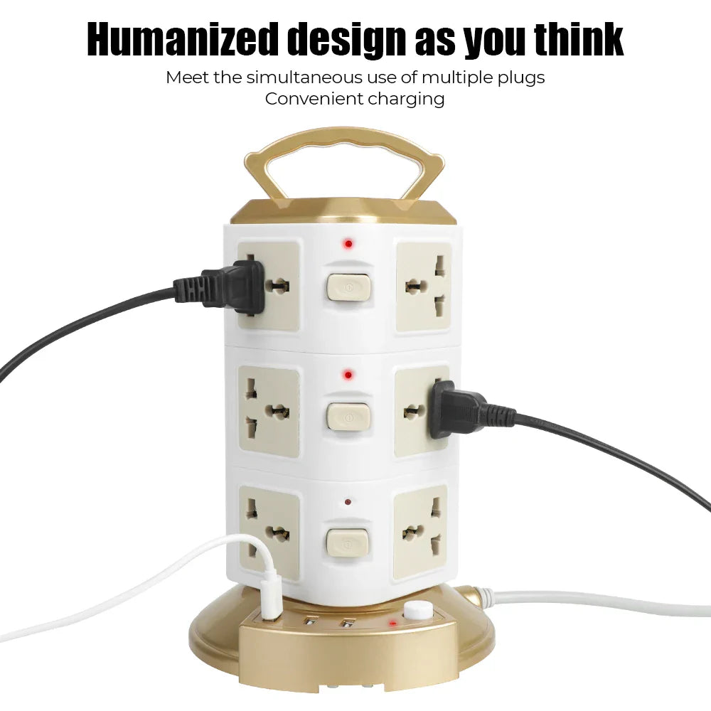 Overload Protector 2500W Tower Multi Power Strip EU US UK AU Universal Socket EU Plug With 3 USB Vertical 12 Way Outlets