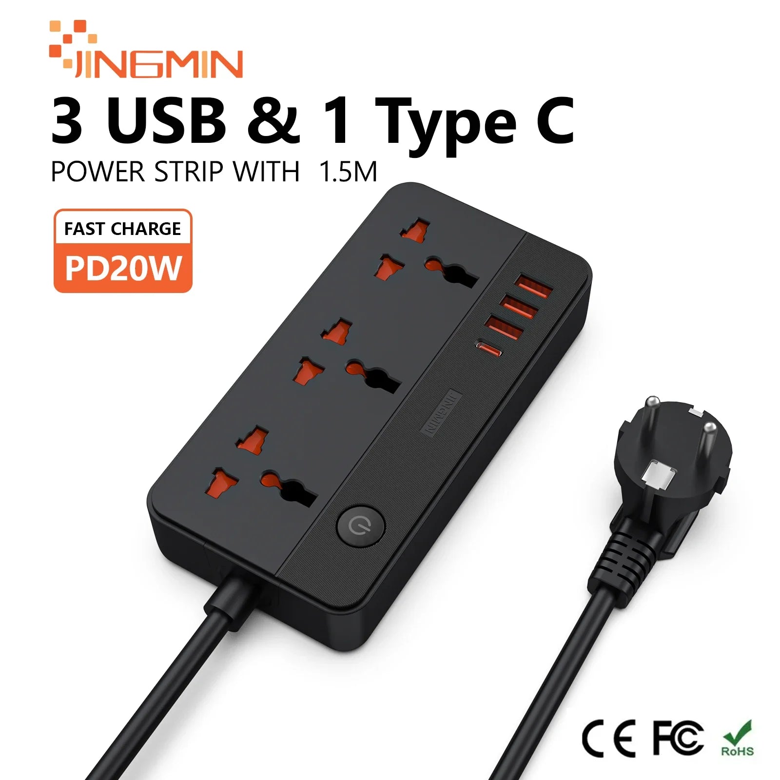 Power Multi Tap Universal Plug EU Outlet Power Strip with 1.5m Extension Cord AC Type C USB Port Charge Electrical Socket